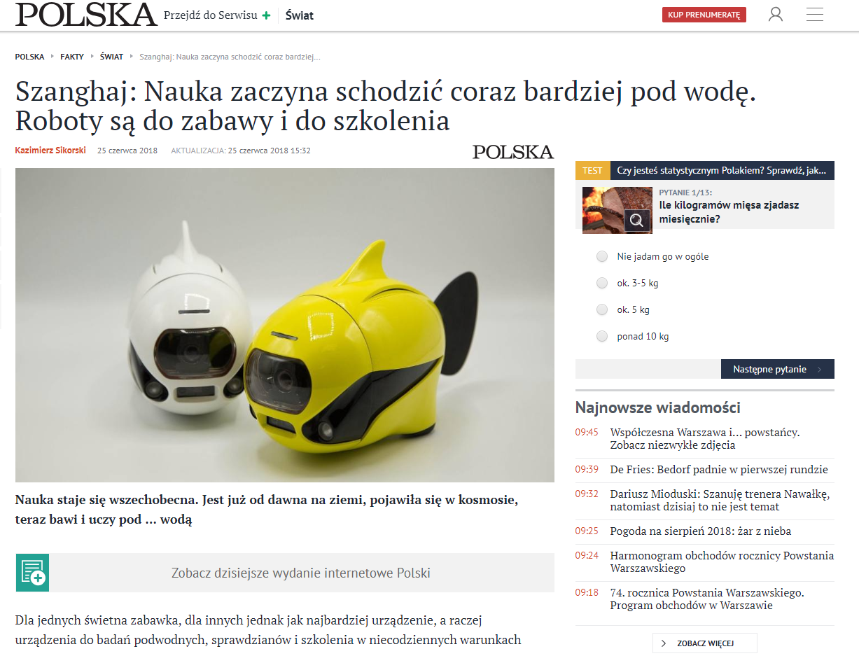 外媒资讯 ▏波兰时报采访报道ROBOSEA水下黑科技
